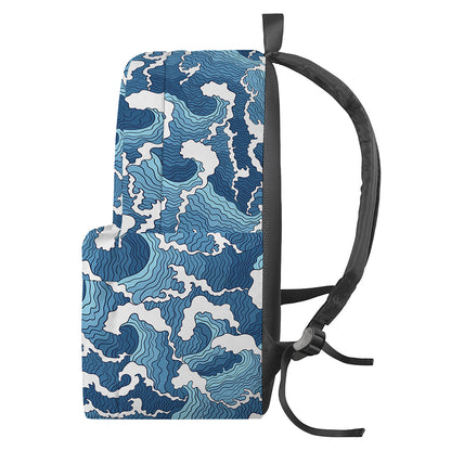Blue Japanese Wave Pattern Print Backpack