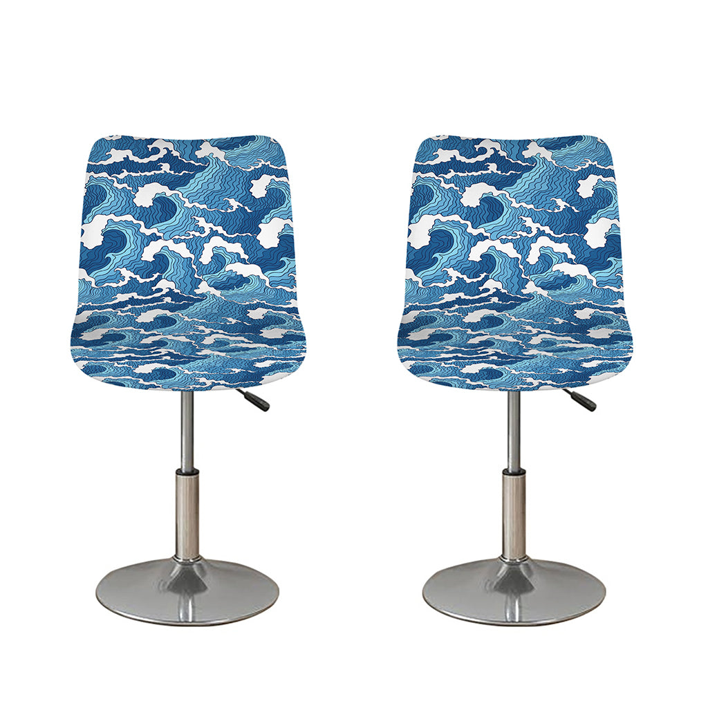 Blue Japanese Wave Pattern Print Bar Stool Covers