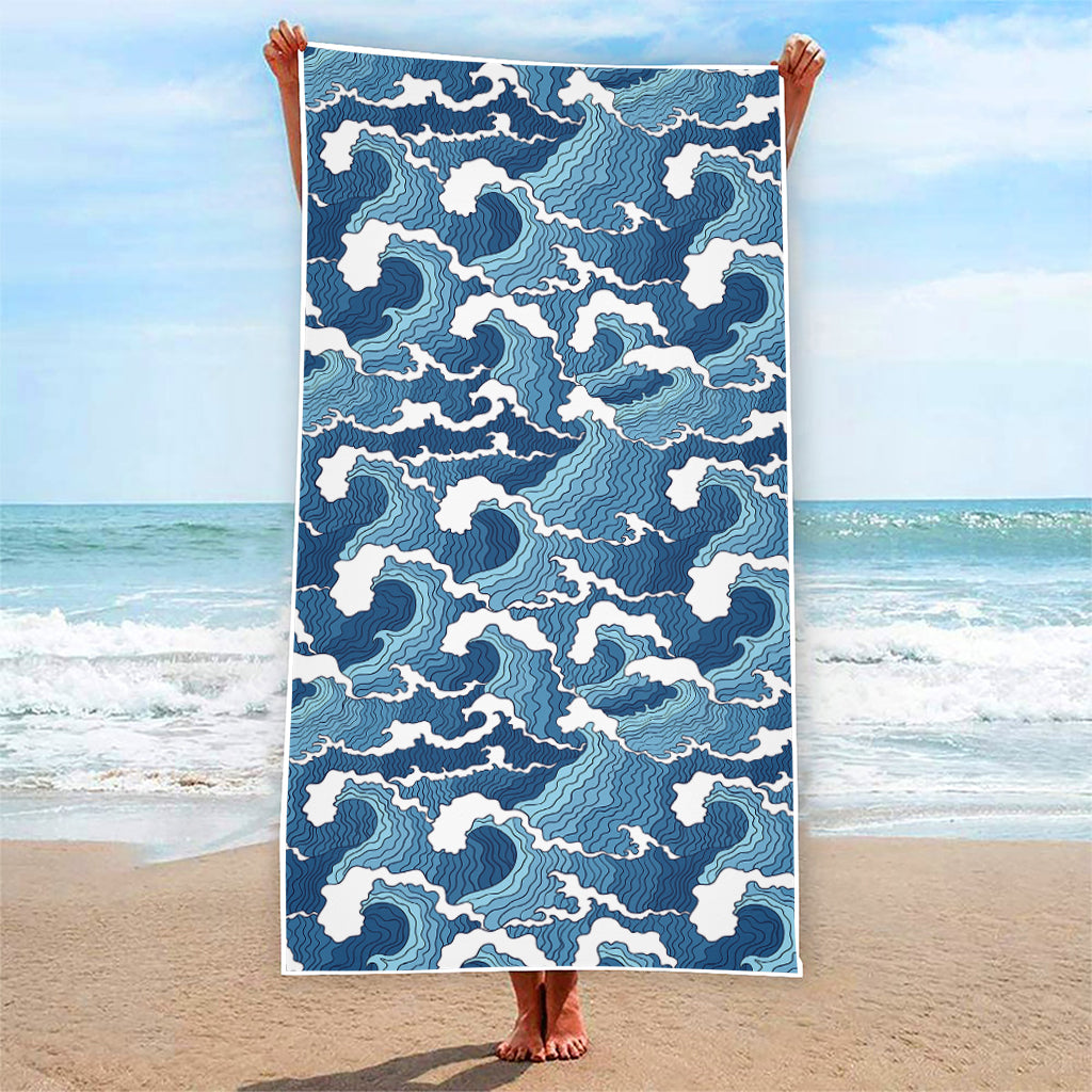 Blue Japanese Wave Pattern Print Beach Towel