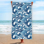 Blue Japanese Wave Pattern Print Beach Towel