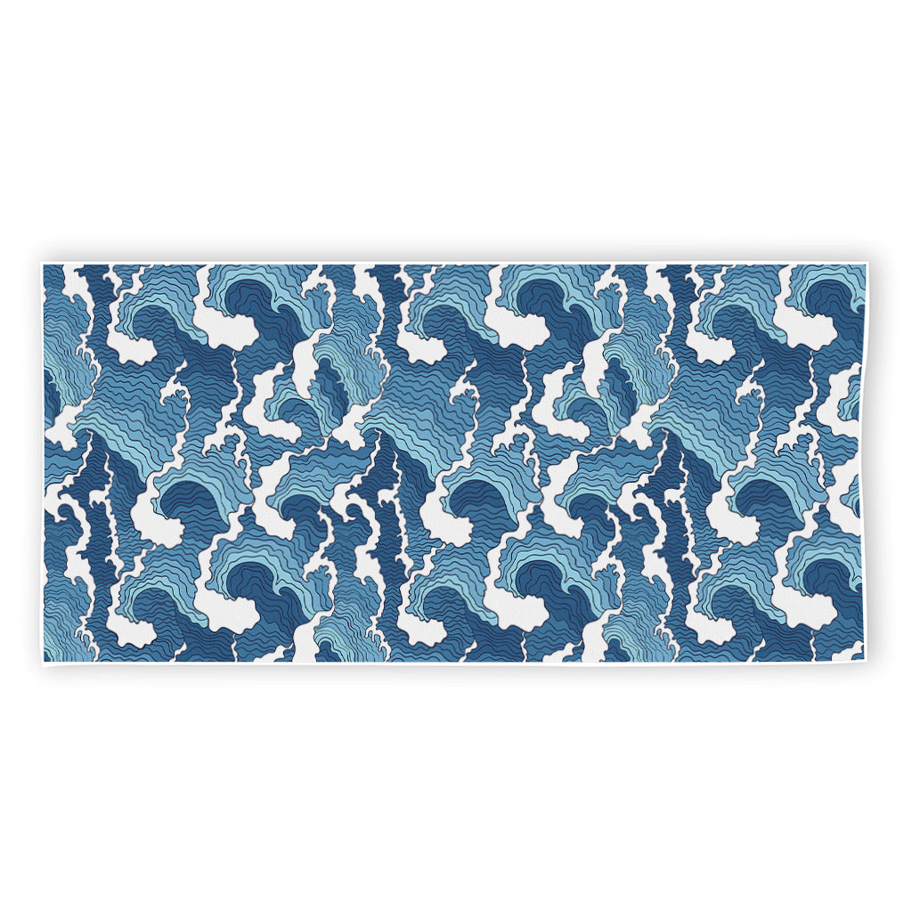 Blue Japanese Wave Pattern Print Beach Towel
