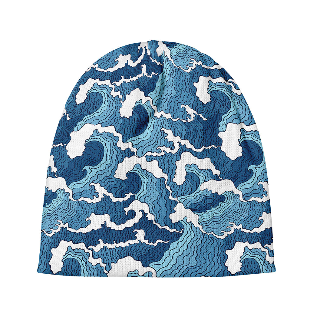 Blue Japanese Wave Pattern Print Beanie