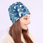 Blue Japanese Wave Pattern Print Beanie