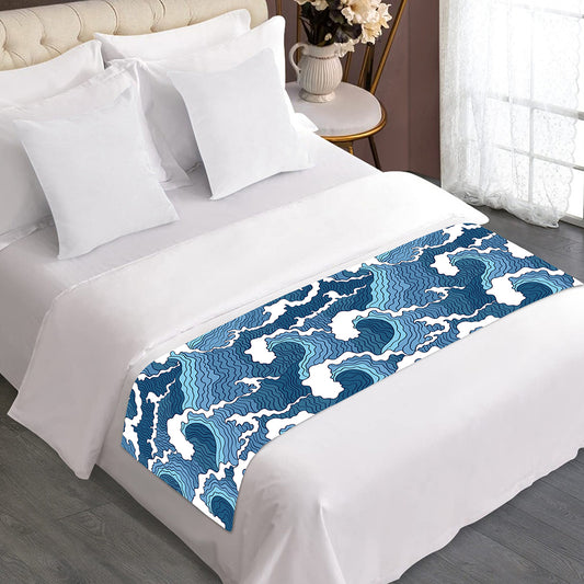 Blue Japanese Wave Pattern Print Bed Runner