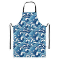 Blue Japanese Wave Pattern Print Bib Apron With Pocket