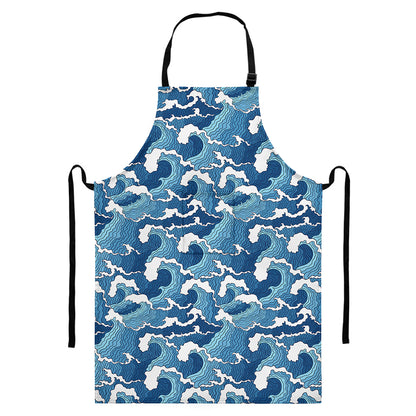 Blue Japanese Wave Pattern Print Bib Apron With Pocket