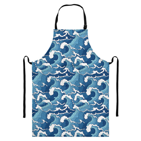 Blue Japanese Wave Pattern Print Bib Apron With Pocket