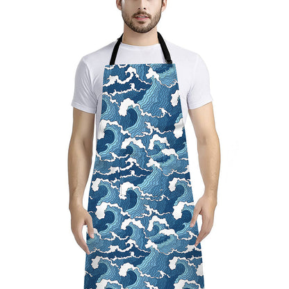 Blue Japanese Wave Pattern Print Bib Apron With Pocket