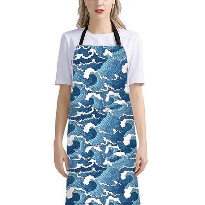 Blue Japanese Wave Pattern Print Bib Apron With Pocket