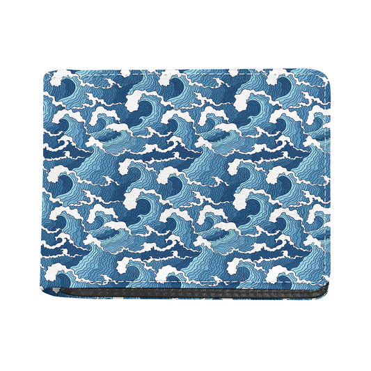 Blue Japanese Wave Pattern Print Bifold Wallet