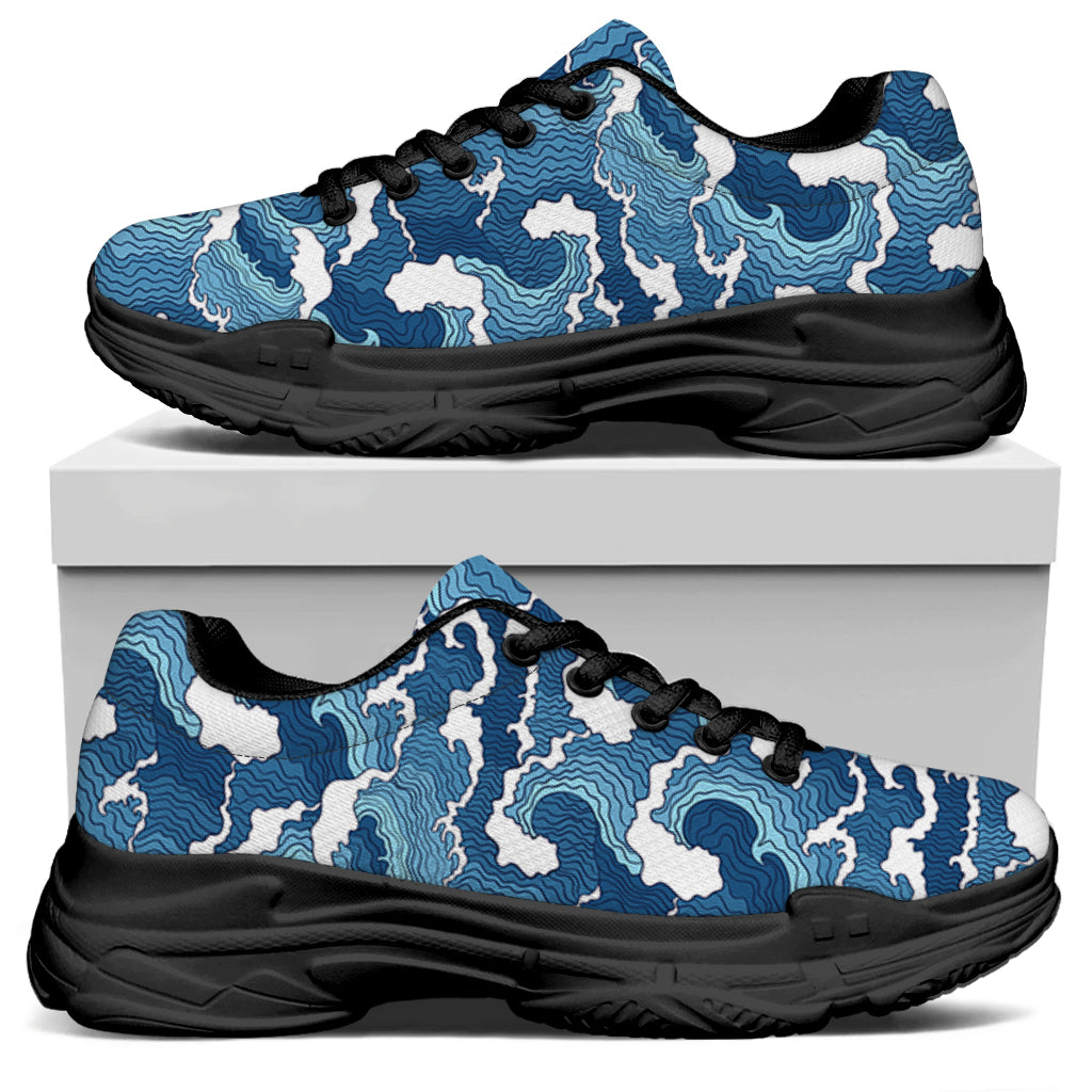 Blue Japanese Wave Pattern Print Black Chunky Shoes