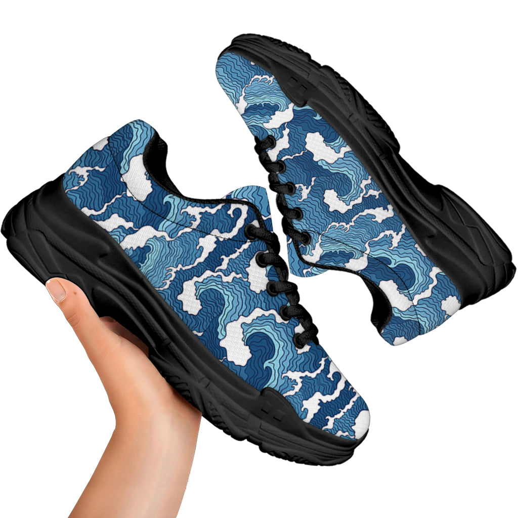 Blue Japanese Wave Pattern Print Black Chunky Shoes