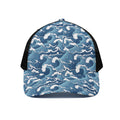 Blue Japanese Wave Pattern Print Black Mesh Trucker Hat