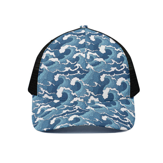 Blue Japanese Wave Pattern Print Black Mesh Trucker Cap