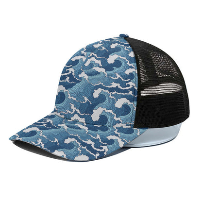 Blue Japanese Wave Pattern Print Black Mesh Trucker Cap