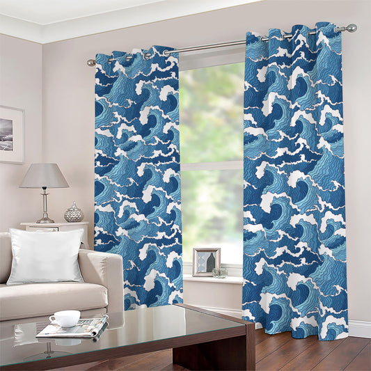 Blue Japanese Wave Pattern Print Blackout Grommet Curtains