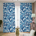 Blue Japanese Wave Pattern Print Dimout Pencil Pleat Curtains