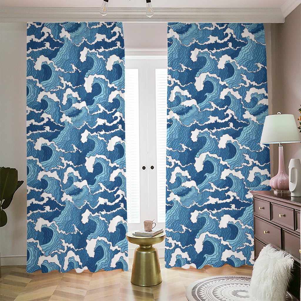 Blue Japanese Wave Pattern Print Blackout Pencil Pleat Curtains