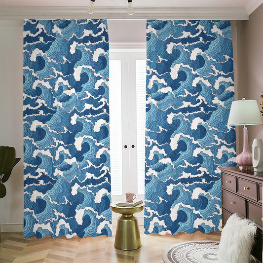 Blue Japanese Wave Pattern Print Blackout Pencil Pleat Curtains