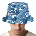 Blue Japanese Wave Pattern Print Bucket Hat