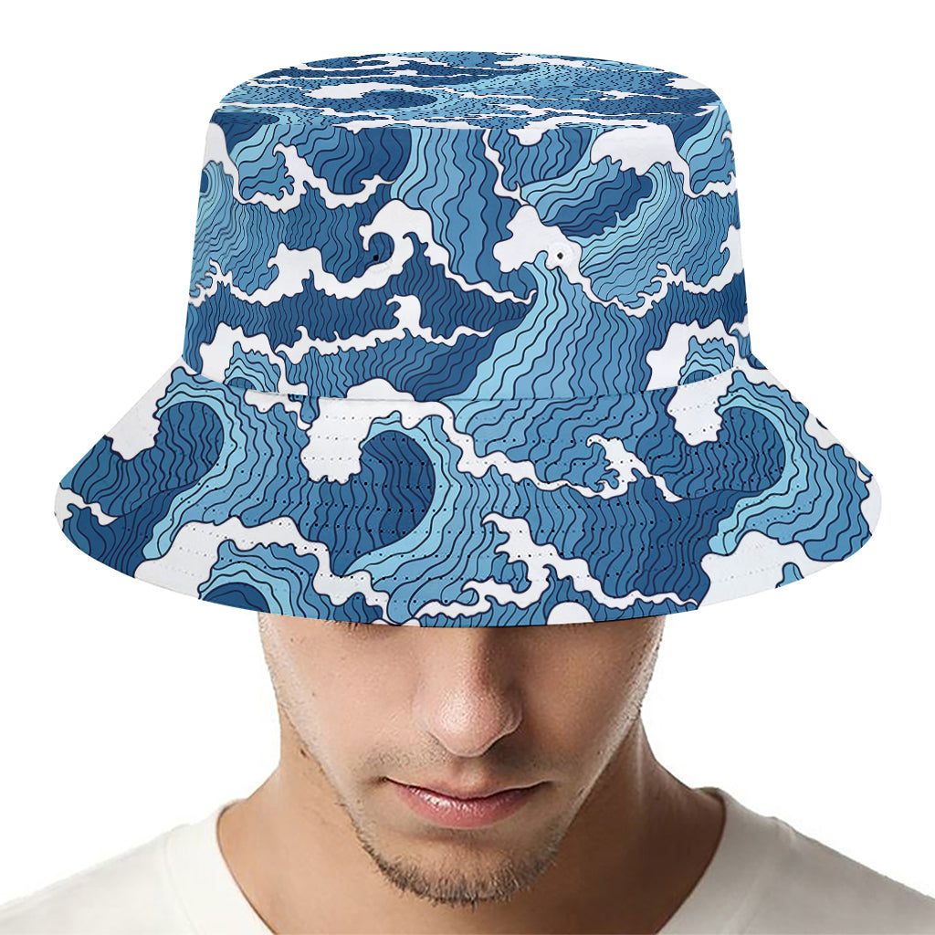 Blue Japanese Wave Pattern Print Bucket Hat