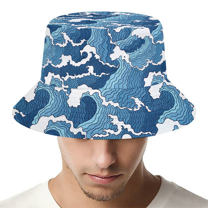 Blue Japanese Wave Pattern Print Bucket Hat