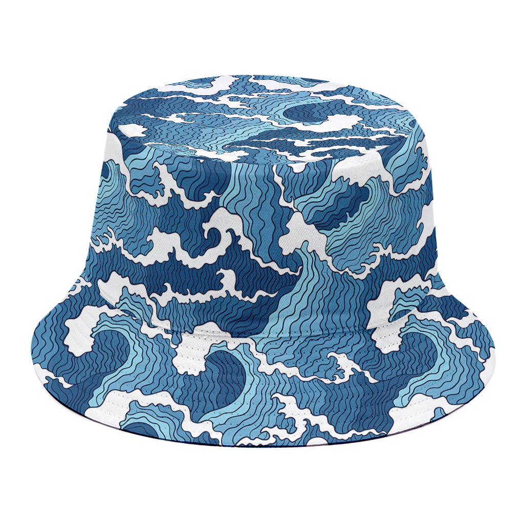 Blue Japanese Wave Pattern Print Bucket Hat