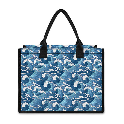 Blue Japanese Wave Pattern Print Canvas Tote Bag
