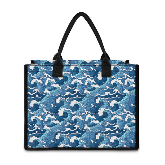 Blue Japanese Wave Pattern Print Canvas Tote Bag