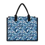 Blue Japanese Wave Pattern Print Canvas Tote Bag