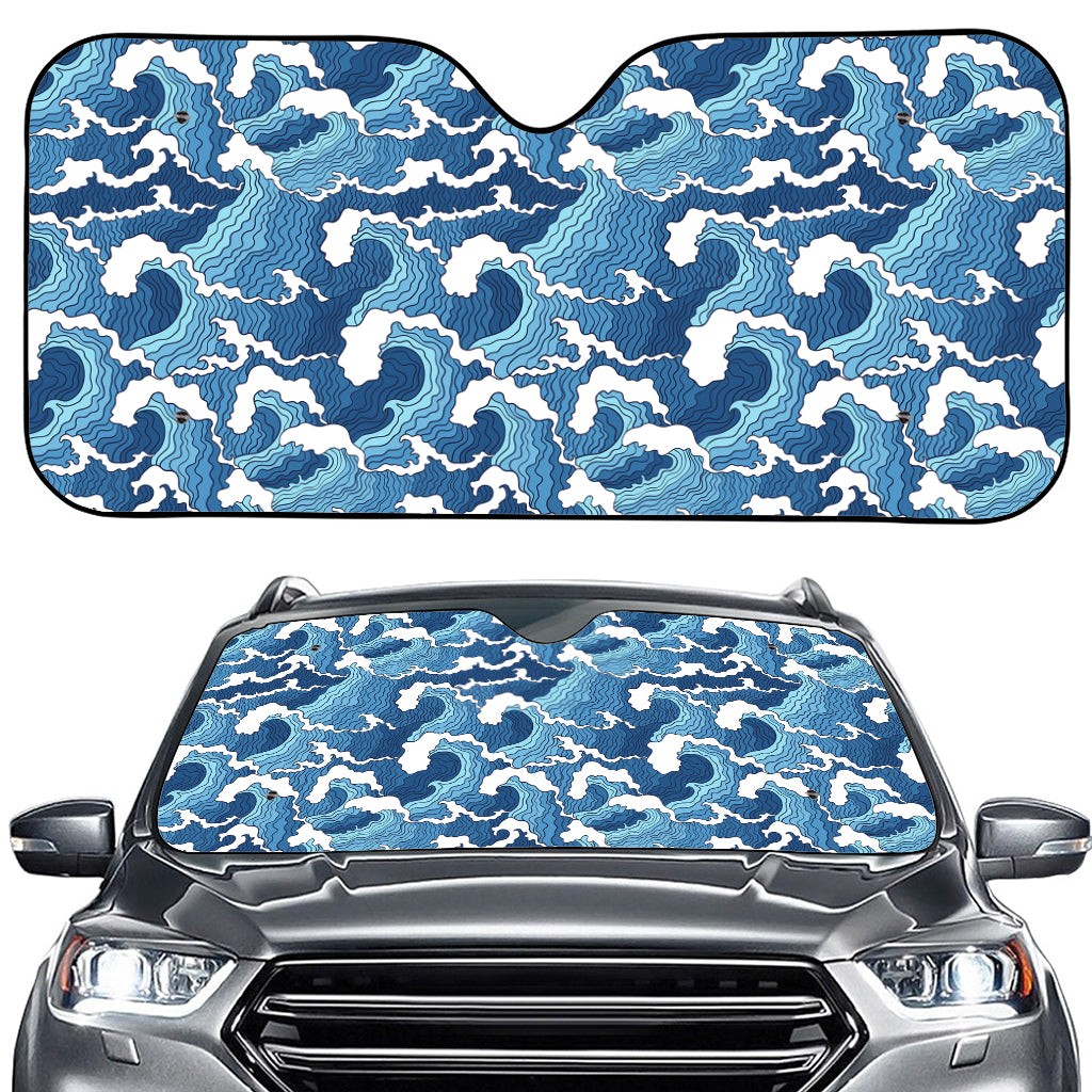 Blue Japanese Wave Pattern Print Car Windshield Sun Shade