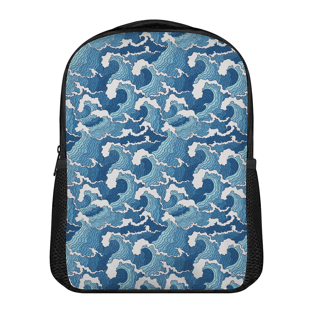 Blue Japanese Wave Pattern Print Casual Backpack