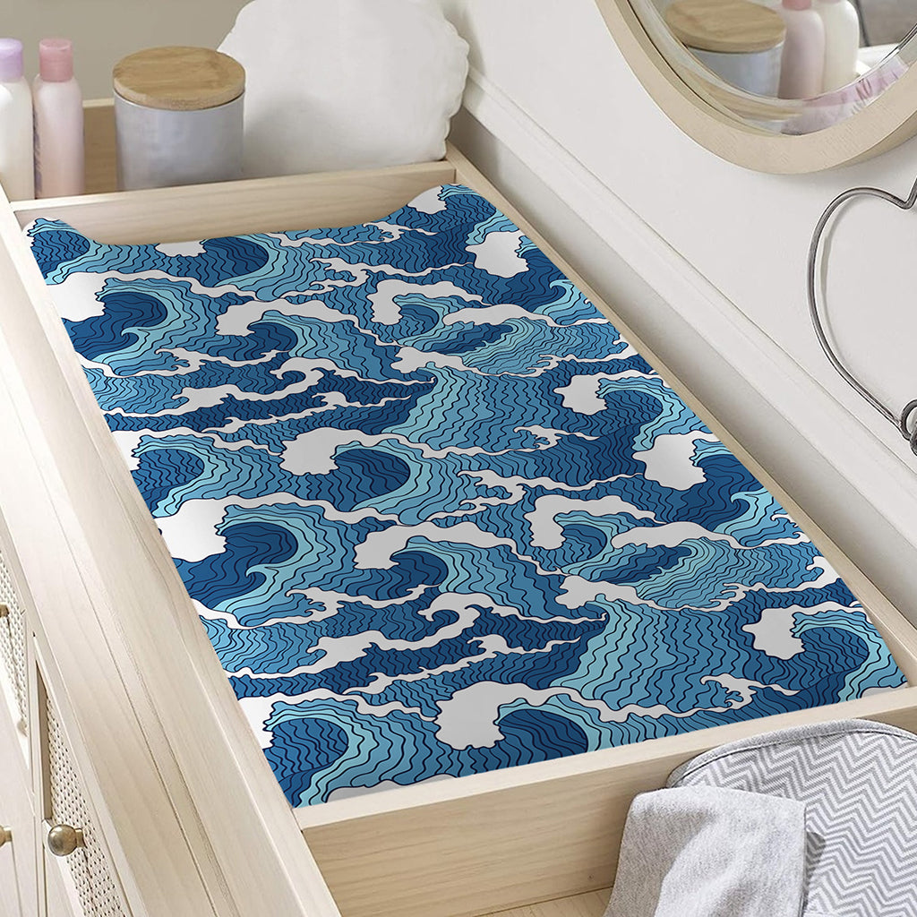 Blue Japanese Wave Pattern Print Changing Pad Cover