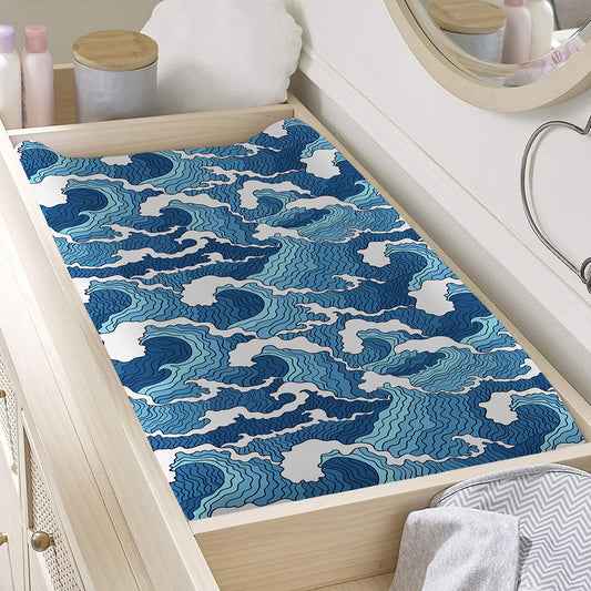 Blue Japanese Wave Pattern Print Changing Pad Cover