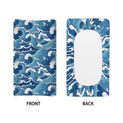 Blue Japanese Wave Pattern Print Changing Pad Cover