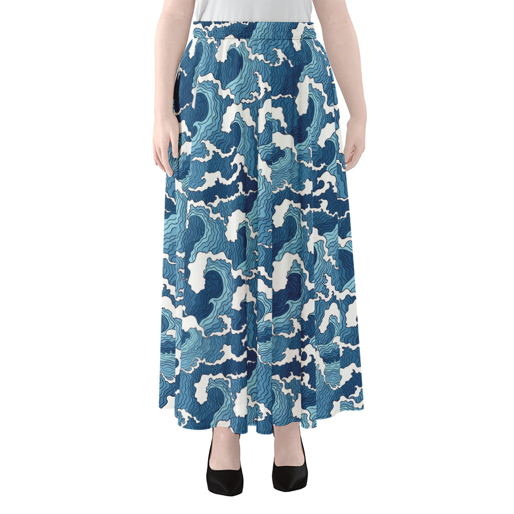 Blue Japanese Wave Pattern Print Chiffon Maxi Skirt