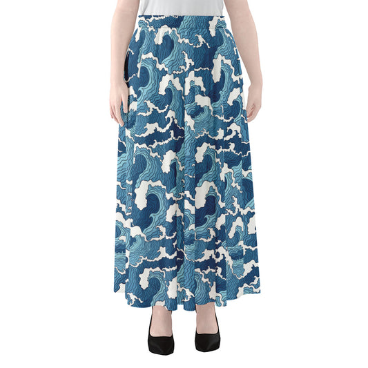 Blue Japanese Wave Pattern Print Chiffon Maxi Skirt