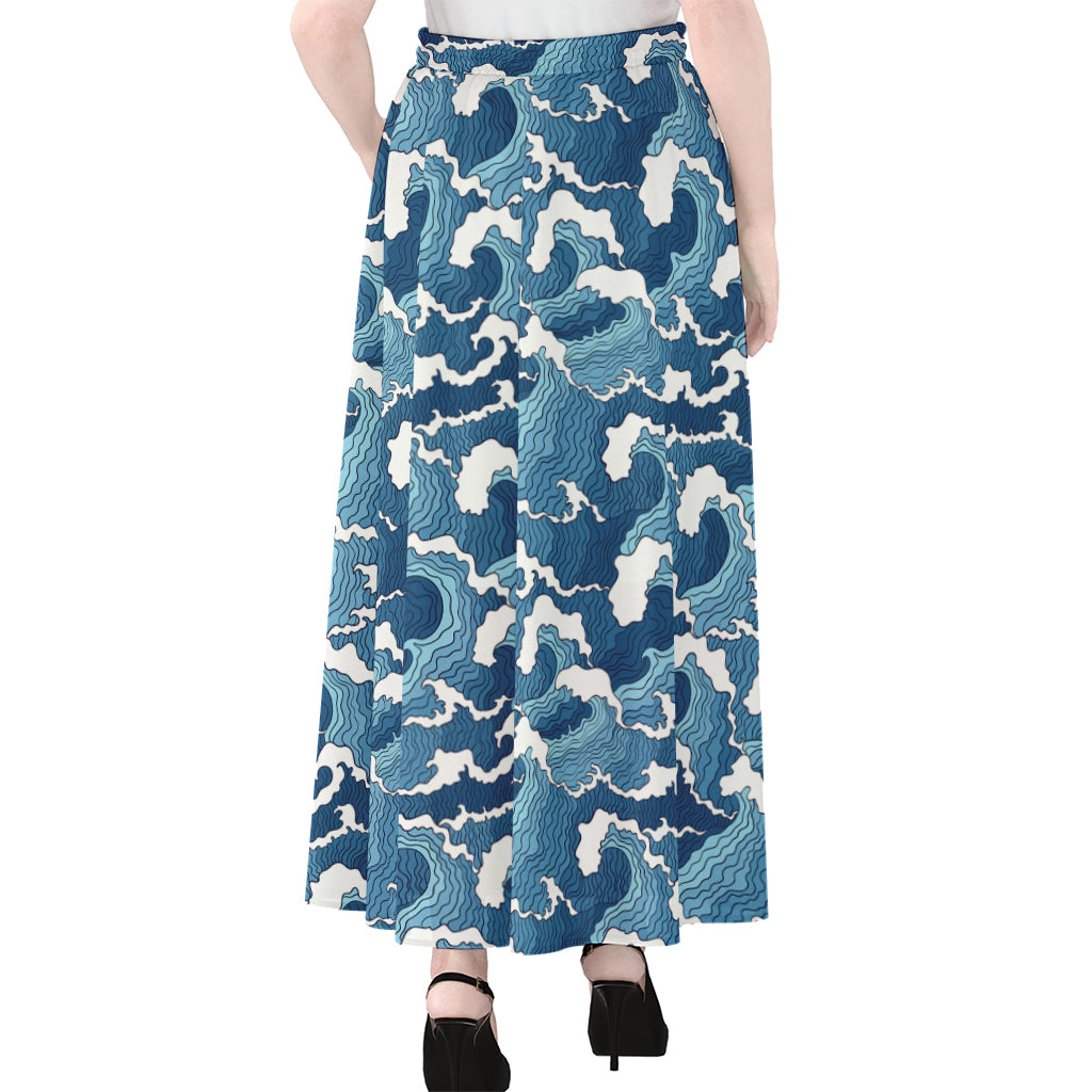 Blue Japanese Wave Pattern Print Chiffon Maxi Skirt
