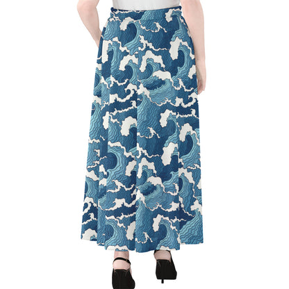 Blue Japanese Wave Pattern Print Chiffon Maxi Skirt