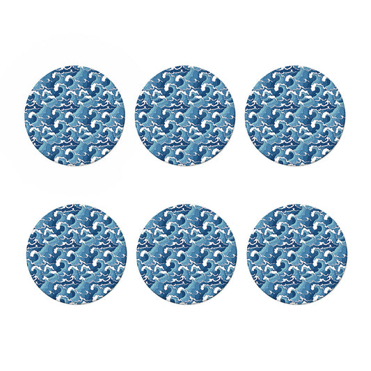 Blue Japanese Wave Pattern Print Coaster Set
