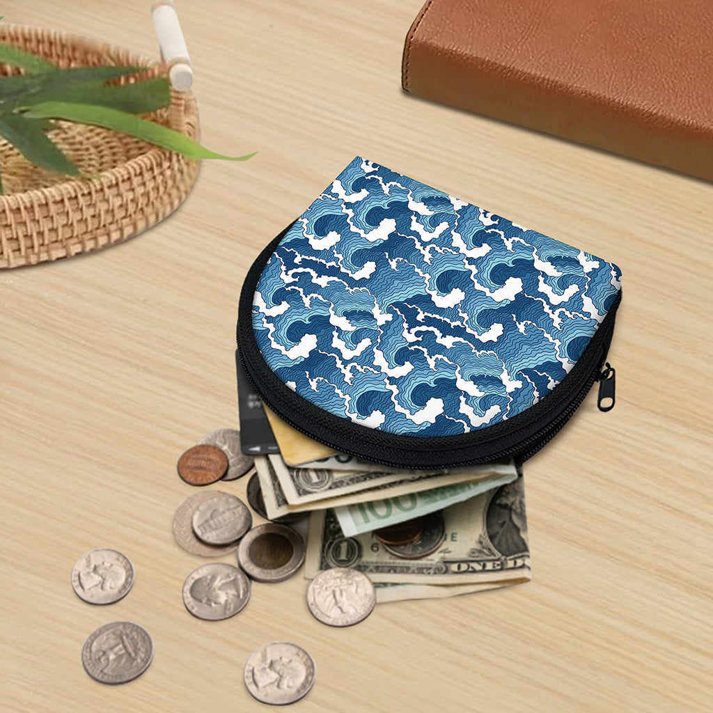 Blue Japanese Wave Pattern Print Coin Purse