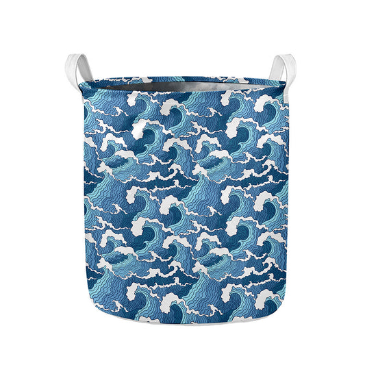 Blue Japanese Wave Pattern Print Collapsible Laundry Basket