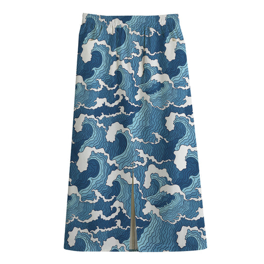 Blue Japanese Wave Pattern Print Cotton Front Slit Maxi Skirt