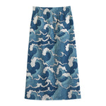Blue Japanese Wave Pattern Print Cotton Front Slit Maxi Skirt