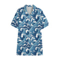 Blue Japanese Wave Pattern Print Cotton Hawaiian Shirt