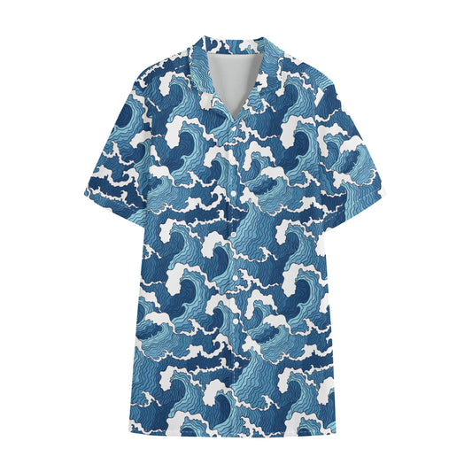 Blue Japanese Wave Pattern Print Cotton Hawaiian Shirt