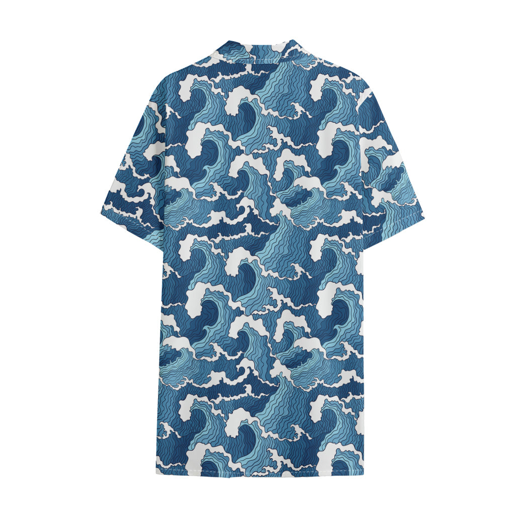 Blue Japanese Wave Pattern Print Cotton Hawaiian Shirt