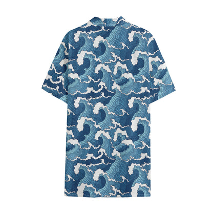 Blue Japanese Wave Pattern Print Cotton Hawaiian Shirt