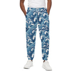 Blue Japanese Wave Pattern Print Cotton Pants