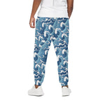 Blue Japanese Wave Pattern Print Cotton Pants